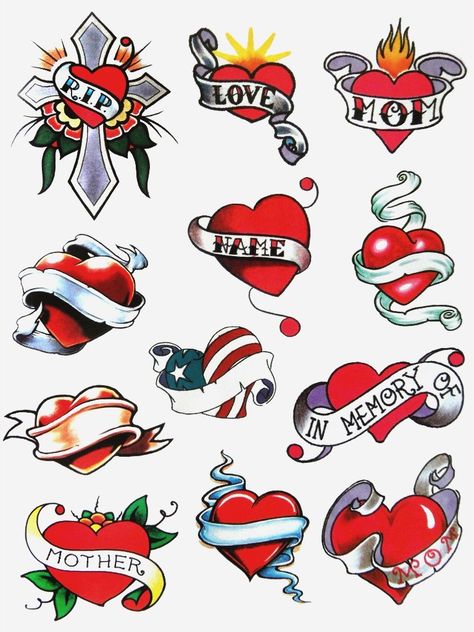 Vintage Heart Tattoo Old School, Traditional Hearts Tattoo, Love Heart Name Tattoo, Heart With Name Tattoo, Heart Tattoo Flash, Dainty Tats, Cute Drawings For Him, Cartoon Kiss, Heart Tattoos With Names