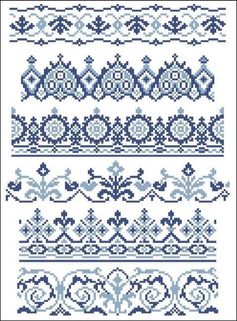 blue pattern Border Motifs, Cross Stitch Boarders, Border Stitch, Cross Stitch Border Pattern, Mini Cross Stitch, Cross Stitch Borders, Cross Stitch Samplers, Knitting Charts, Stitching Art