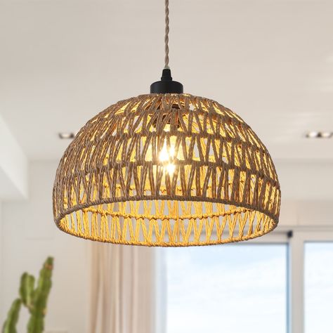 This pendant light is crafted from high-quality natural rattan, with each detail skillfully handcrafted to showcase unique weaving textures and delicate intricacies. Woven Chandelier Dining Room, Wicker Hanging Light, Plug In Hanging Light, Spec House, Rattan Lampshade, Bamboo Chandelier, Rattan Light Fixture, Table Bathroom, Rattan Lamp