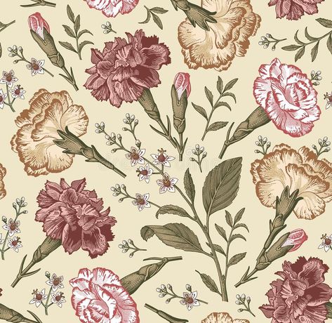 Seamless fabric pattern isolated flowers Vintage background Carnation Croton Wallpaper Drawing engraving Vector Illustration vector illustration Baroque Drawing, Wallpaper Baroque, Wildflowers Wallpaper, Herbs Illustration, Vintage Floral Rugs, Wallpaper Drawing, Chinese Background, Victorian Illustration, Fashion Textiles