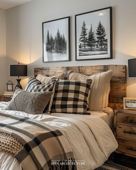 Red Cabin Bedroom, Up North Decor, Cozy Cabin Decorating Ideas, Rustic Loft Bedroom Ideas, Masculine Bedding Ideas, Lake Cottage Bedroom, Men’s Home Decor, Cabin Interiors Rustic Decorating Ideas, Forest Cottage Interior