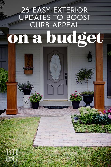 These are our top ideas for curb appeal on a budget, including stress-free landscaping solutions and inexpensive front door ideas.  Add interest to your home's exterior without the high price tag! Try these easy updates for instant curb appeal. #curbappeal #homeimprovement #porchideas #exteriormakeover #bhg Easy Curb Appeal Ideas, Curb Appeal Easy, Curb Appeal On A Budget, Front Door Landscaping, Exterior Updates, Improve Curb Appeal, Front Door Ideas, Curb Appeal Landscape, Boost Curb Appeal