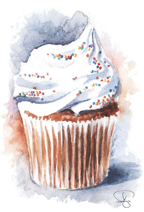 Cupcake on We Heart It Cupcakes Art Drawing, Watercolor Dessert, Modern Kitchen Art, Cupcake Illustration, Coffee Artwork, Cupcake Drawing, Dessert Illustration, Cupcake Images, Watercolor Cake