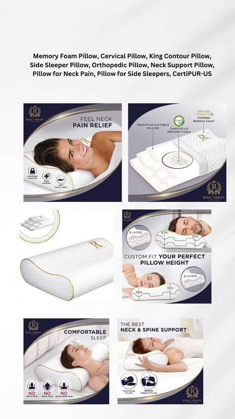 ULTRA-ADJUSTABLE KING-SIZE, MEMORY FOAM PILLOW,- Royal Therapy snuggle bed pillows are designed to contour to the unique shape of the body to help support your head and neck. It provides even support for the neck and head. This bamboo pillow allows for uniform pressure on all areas of the head and neck. By removing the middle foam layer, its construction allows it to be perfect for all kinds of sleepers (side / back / stomach). Cervical Pillow, Length Width Height, Bamboo Pillow, Contour Pillow, E Commerce Design, Orthopedic Pillow, Cervical Pillows, Side Sleeper Pillow, Foam Pillow