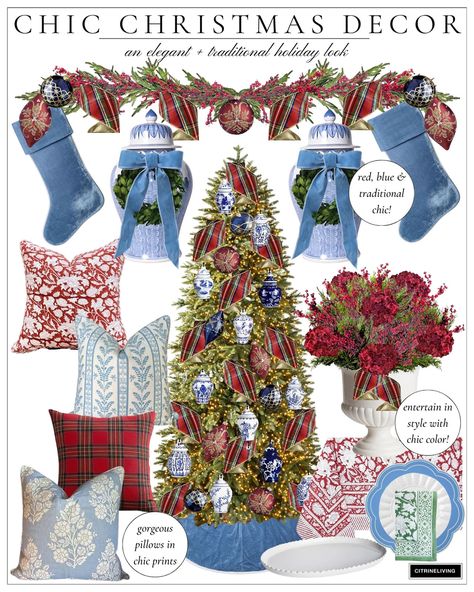 TRADITIONAL CHRISTMAS DECOR | CITRINELIVING Blue Green Burgundy Christmas, Tartan Plaid And Chinoiserie Christmas, Chinoiserie And Plaid Christmas, Tartan And Chinoiserie Christmas, Light Blue And Red Christmas Decor, Traditional Red Christmas Decor, Blue Plaid Christmas Decor, Chinoiserie And Tartan Christmas, Grandmillenial Christmas Decorations