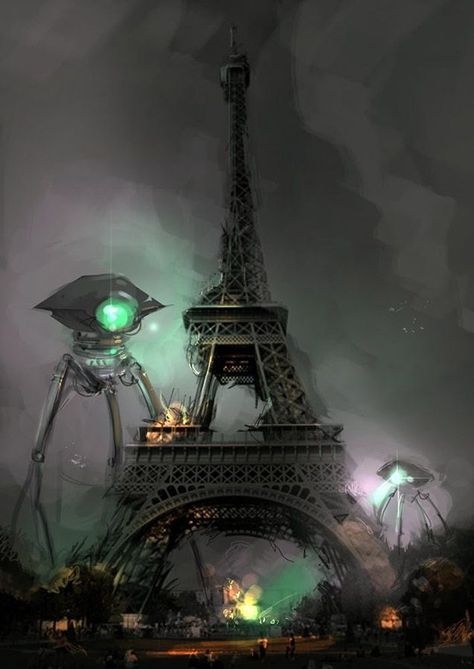 Martian Fighting Machines in Paris. Post Apocalyptic Art, Apocalypse Art, Sf Art, Alien Invasion, Destroyer Of Worlds, Aliens And Ufos, Science Fiction Books, Science Fiction Art, Retro Futurism