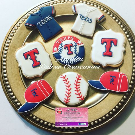 Texas Ranger cookies Texas Rangers Cookies Decorated, Texas Rangers Cookies, Texas Cookies, Ranger Cookies, Sports Cookies, Cookie Decorations, Texas Ranger, Birthday Idea, Cookies Decorated