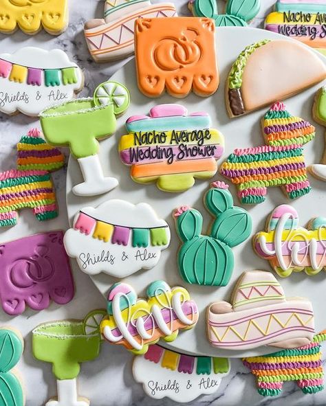 Taco Tuesday Cookies, Fiesta Engagement Cookies, Nacho Average Bridal Shower Ideas, Taco Cookies, Fiesta Cookies, Nacho Average Bride, Bride Cookies, Mexican Cookies, Wedding Shower Cookies