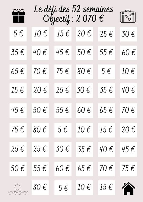 Challenge des 52 semaines afin d'économiser 2070en un an Defi Budget, Saving Money Chart, Money Chart, Budget Challenge, Money Saving Methods, Budget Envelopes, Savings Planner, Savings Strategy, Money Challenge