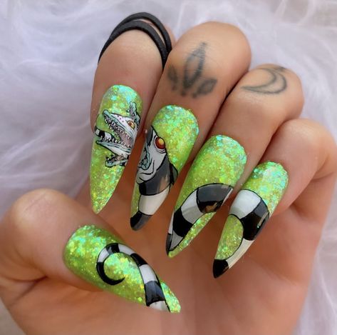 Ursula Nail Designs, Beatle Juice Nail Art, Hades Nails, Beetlejuice Nail Designs, Beetle Nails, Beetlejuice Nail Art, Beetle Juice Nails, Beetlejuice Nails, Acrylic Or Gel Nails