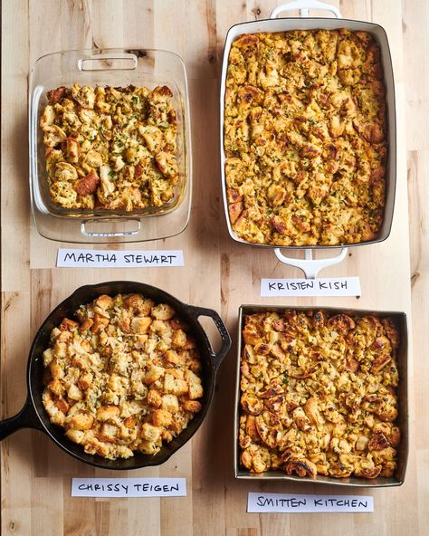 Stuffing showdown line up. Clockwise: Kristen Kish, Smitten Kitchen, Chrissy Teigen, Martha Stewart. Kristen Kish Recipes, Martha Stewart Thanksgiving Recipes, Making Stuffing, Chrissy Teigen Recipes, Kristen Kish, Stuffing Recipes For Thanksgiving, Celebrity Recipes, Herb Stuffing, Thanksgiving Stuffing