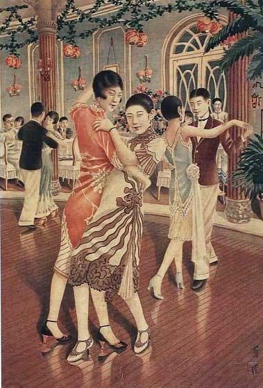 1920s Dance Hall, China. The dancer on the left in the foreground seems to be wearing a cheongsam (known in Mandarin as a qípáo) -  which would have been quite a new style of garment in this era, as it developed in the 1920s in Shanghai. 1920s Dance, Jewelry Poster, Flapper Girls, Chinese Posters, Old Shanghai, Shanghai Fashion, Flapper Girl, The Dancer, Calendar Girls