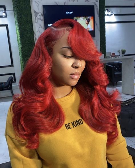 Red Side Part, Sew In Curls, Red Weave Hairstyles, Side Curls, Sleek Ponytail Hairstyles, Red Curly Hair, Beautiful Black Hair, Side Part Hairstyles, Quick Weave Hairstyles