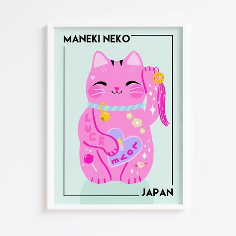 Maneki Meko Cat Print Bedroom Prints Pastel Decor Colourful Prints Cat Lover Gift Wall Art Japanese Culture Print Kawaii Decor A5 8x10 A4 A3