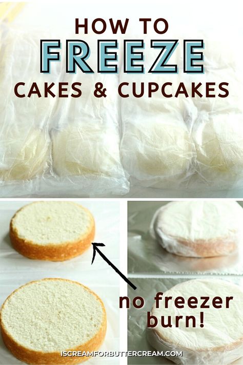 cake layers with plastic wrap and text overlay Freezing And Thawing Cakes, Cake Sandwich Packaging, Freezing Cake Layers, Two Cakes Side By Side, Easy Wedding Cake Decorating, Boho Cake Stand, Freezing Cakes, Freezing Cupcakes, Freeze Cake