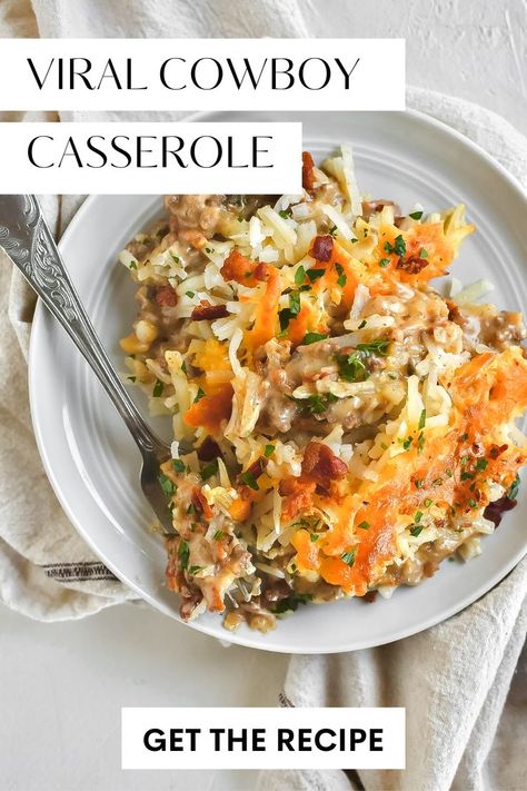 Cowboy casserole is a fun twist on tater tot casserole. Its creamy filling has smokey bacon, shredded hash browns, and ground beef. Shredded Hash Brown Casserole, Shredded Potato Casserole, Shredded Hashbrown Recipes, Ground Beef Potato Casserole, Beef Potato Casserole, Cowboy Casserole, Hotdish Recipes, Shredded Hash Browns, Ground Beef And Potatoes