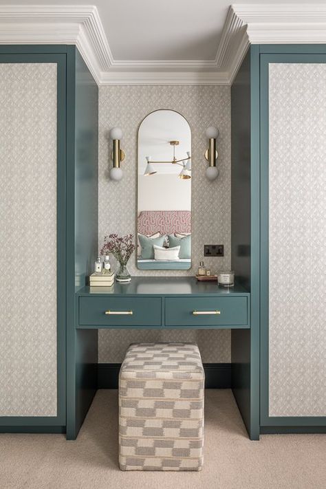 4 Bed House Barnes | Lara Clarke Interiors Dressing Table In Bathroom, Wallpaper Wardrobe Doors, Wallpaper Wardrobe, Built In Dressing Table, Subtle Wallpaper, 4 Bed House, Inchyra Blue, Joinery Design, Furniture Details Design