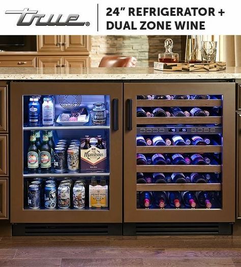 Diy Food Storage, Kitchen Appliances Storage, Refrigerator Ideas, Drink Fridge, Kitchen Appliance Storage, Bar Refrigerator, Beverage Fridge, Basement Bar Designs, Kitchen Island Bar