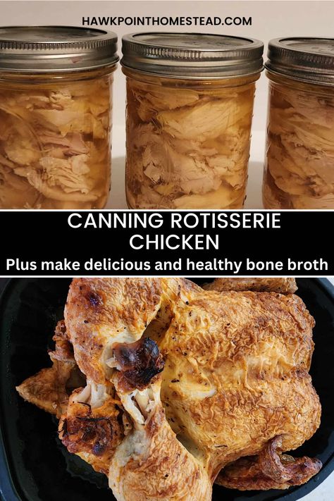 This canning rotisserie chicken and making bone broth from the leftover bones is one of my favorite things to do to stock the pantry. Canning Cooked Chicken, Canning Recipes Meals, Canning Rotisserie Chicken, Meat Canning Recipes, Chicken Canning Recipes, Chicken Broth Canning Recipes, How To Make Bone Broth From Rotisserie Chicken, Bone Broth From Rotisserie Chicken Instant Pot, Canning Meals In A Jar