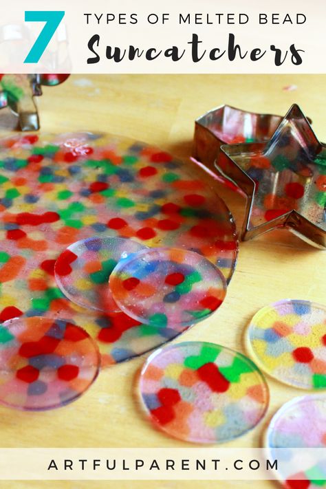 7 Ways to Make Melted Plastic Bead Suncatchers Homemade Suncatchers, Bead Crafts For Kids, Melted Bead Suncatcher, Plastic Beads Melted, Bead Suncatchers, Melted Bead Crafts, Easy Art For Kids, Art Activities For Toddlers, Suncatcher Craft