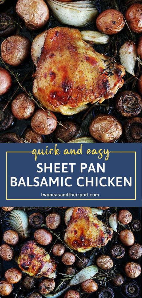 This one-pan meal will be a new family favorite on busy weeknights! Sheet Pan Balsamic Chicken with potatoes and mushrooms are loaded with classic and comforting flavors. With everything cooked in one pan, this recipe is perfect for a quick and easy dinner! Sheet Pan Balsamic Chicken, Balsamic Chicken Recipe, Potatoes And Mushrooms, Balsamic Chicken Recipes, Chicken With Potatoes, One Pan Meal, One Dish Dinners, Easy One Pot Meals, Pan Dinners