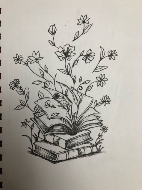 Stack Of Book Tattoo, Floral Book Tattoo, Book With Flowers Tattoo, Book Tattoo Ideas For Women, Book Themed Tattoos, Book Inspired Tattoos, Books Tattoo, Whiteboard Ideas, Awesome Drawings