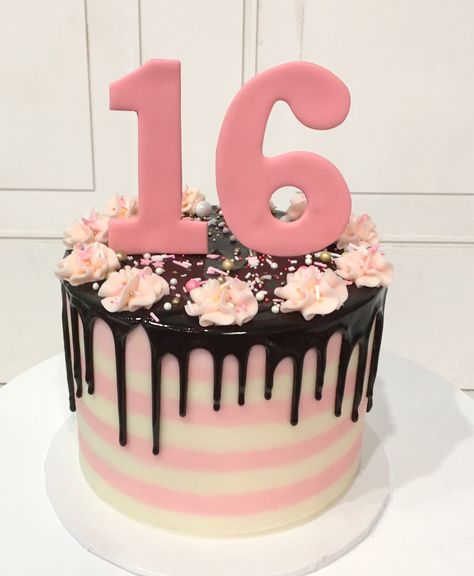 Sweet Sixteen Pink and White Cake with Chocolate Ganache Drip by 3 Sweet Girls Cakery! Cake For 16th Birthday Girl, Sweet 16 Bday Cakes, Cake For 16th Birthday, Sweet Sixteen Birthday Cakes, Sweet Sixteen Cakes 16th Birthday, 16th Bday Cake, Sweet 16 Cake Ideas, 16 Birthday Cakes, Sweet 16 Birthday Cakes