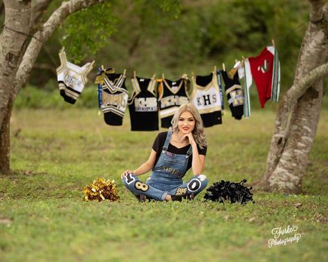 All Star Cheer Senior Pictures, Senior Pictures With Dance Costumes, Cheerleader Senior Photos, Unique Senior Pictures Softball, Senior Pics With Jerseys, Jersey Senior Pictures Photo Ideas, Senior Jersey Pictures, Senior Picture Ideas Gymnastics, Fun Senior Picture Ideas 2023