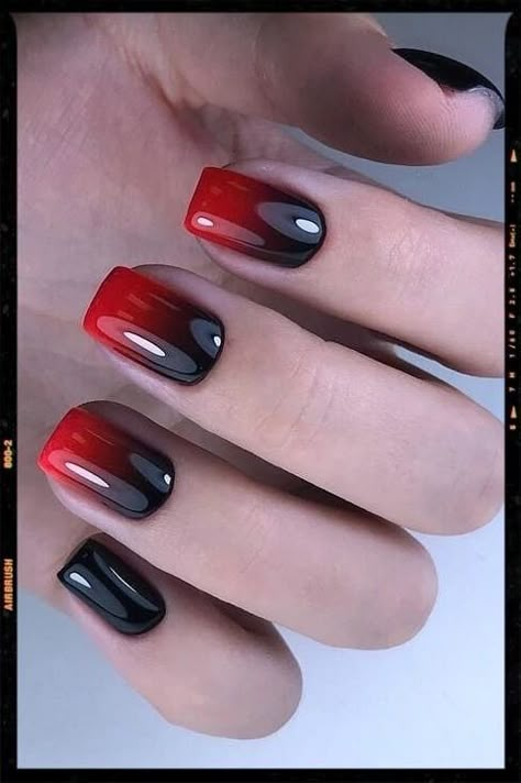 Black And Red Dip Powder Nails, Nails Ombre Red Black, Black Red Gel Nails, Ambre Nails Ombre Red And Black, Black With Red Tip Nails, Red And Black Striped Nails, Ombre Nails Black And Red, Black And Red Ombre Nails Short, Red And Black Ombre Acrylic Nails