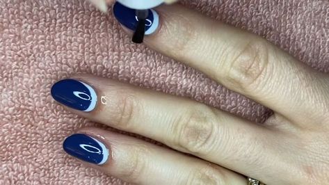 This is a guide to doing an easy reverse half-moon French manicure. Learn how to up your manicure game with this simple step-by-step nail tutorial. Reverse French Manicure, Half Moon Nails, Fun Manicure, Dark Nail Polish, Moon Nails, Nail Tutorial, Olive And June, Blue Nail Designs, Dark Nails