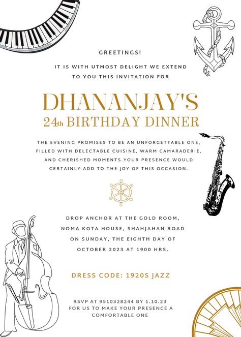 Birthday Dinner Event Invite | 1920s Jazz Themed Invitation Card Personalised Jazz Birthday Party Ideas, Jazz Birthday Party, Jazz Wedding, 1920s Jazz, Gold Rooms, Dinner Event, 24th Birthday, 18th Birthday Party, Birthday Dinner