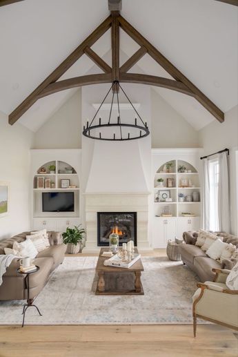 Fireplaces In Vaulted Living Room, Living Rooms With Cathedral Ceilings, Arched Ceiling Living Room, Fireplace Cathedral Ceiling Built Ins, Cathedral Ceiling Living Room Beams, Cathedral Ceiling Living Room Fireplace, Vaulted Ceiling Built Ins, Vaulted Ceiling Fireplace Ideas, Vaulted Fireplace