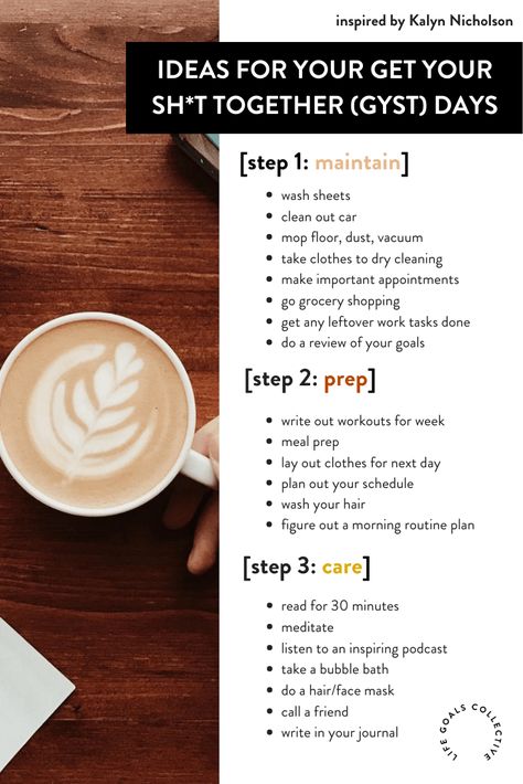 How and why you should plan a weekly GYST day. GYST stands for get your sh*t together. It's the perfect sunday routine –– get everything done that you didn't have time for, prep for the week ahead, and set your week up for success. Planning Your Week, Sunday Routine For A Productive Week, Gyst Day, Weekly Reset Routine, Sunday Basket, Sunday Reset Routine, Sunday Planning, Sunday Reset, Sunday Routine