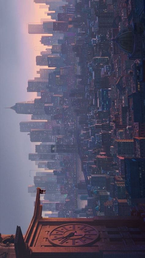 Miles And Gwen Clock Tower, Spiderman Into The Spiderverse Scenes, Spiderverse Laptop Wallpaper, Spiderman Background Landscape, Across The Spider Verse Wallpaper Laptop, Spiderverse Cityscape, Marvel Scenery, Spiderman Into The Multiverse, Spiderman Skyline