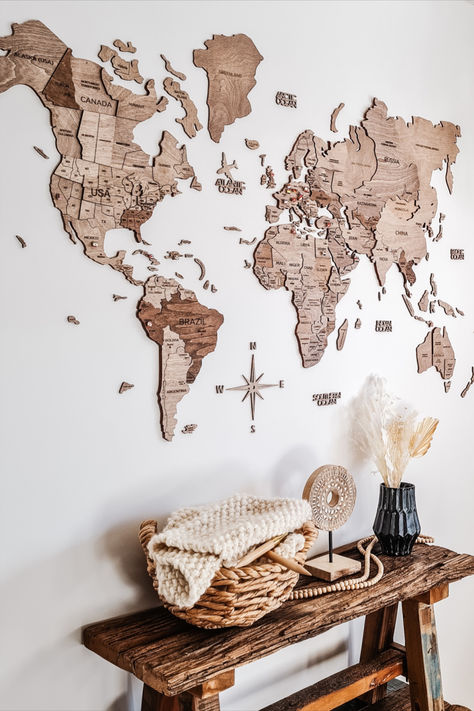 Wooden Map can completely transform your place or add cozy accents. Why choose the Wooden Map among all types of wall decor?  - Versatility. Maps from natural colors collection will suit almost any interior.  - Diversity. We have a wide range of colors and sizes, so everyone will find something for themselves.  - A product with senses. To dream, to learn, to remember, to start conversations, to surprise, to inspire, to play. All in one idea.  #woodenworldmap #worldmap #homedecor #decor 3d World Map, Wood Minimalist, World Map Wall Decor, Wooden World Map, Wood World Map, 3d World, Wooden Map, Map Wall Decor, World Map Wall Art