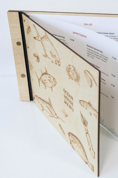 Wooden Menu Cover, Wooden Menu Holder, Wooden Menu Board, Engraving On Wood, Menu Cover Design, Check Presenters, Wood Menu, Leather Menu, Cafe Menu Design