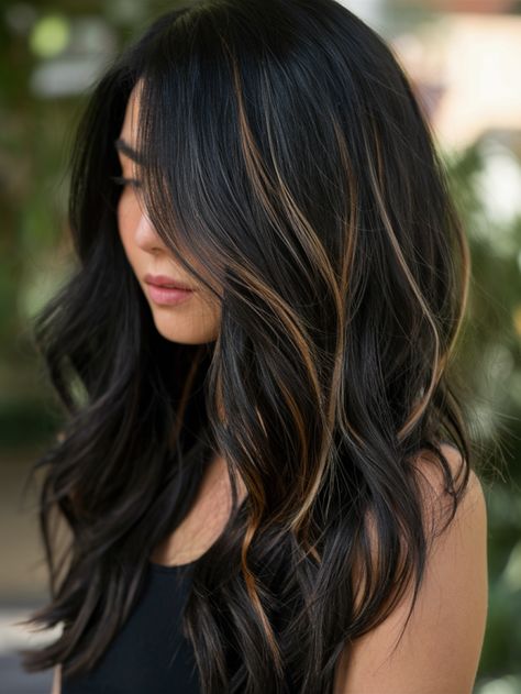 Iced Coffee Hair Color, Rayos En El Cabello Oscuro, Dark Hair With Peekaboo Highlights, Dark Brown Hair With Peekaboos, Winter Hair Color For Brunettes, Coffee Hair Color, Bleach Hair Color, Brunette Tones, Black Balayage