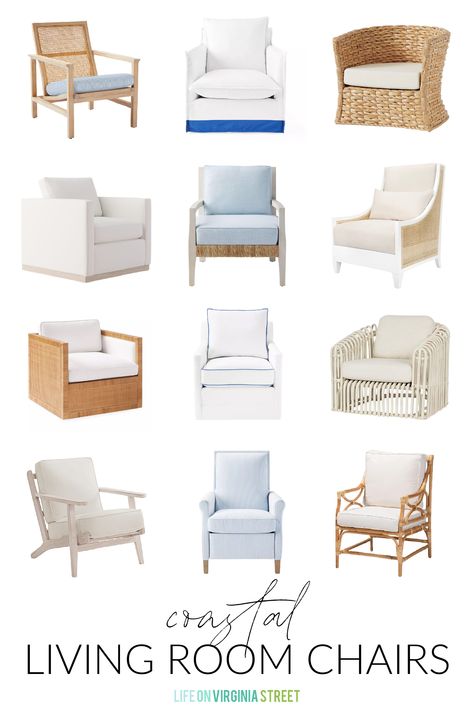 Coastal Living Room Chairs Coastal Living Room Chairs, Coastal Accent Chairs, Coastal Cottage Living Room, Coastal Chairs, Small Lounge Chairs, Living Room Coastal, Small Beach Houses, Life On Virginia Street, White Accent Chair