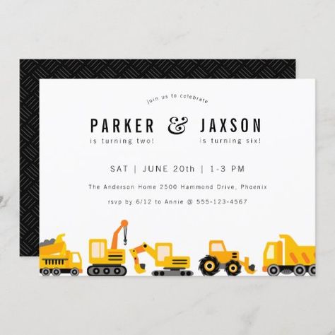 $2.80 | Construction Trucks Theme Joint Birthday #dump truck, construction, theme, boy, cute, simple, modern, minimalist, backyard party, 2 kids party invite Modern Minimalist Backyard, Brothers Birthday Party Ideas, Minimalist Backyard, Combined Birthday Parties, Birthday 1st, Truck Theme, Construction Trucks, Birthday Party Design, Modern Birthday