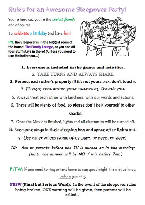 Sleepover Rules - DOs not DONTs :) Sleepover Rules, Bday Sleepover, Mariah Elizabeth, Sleepover Fun, Sleepover Party Games, Birthday Sleepover Ideas, Kids Sleepover, Birthday Sleepover, Party Rules