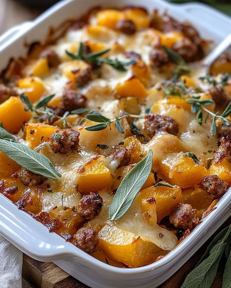 Caramelized Fennel, Lobster Cream Sauce, Butternut Squash Casserole, Butternut Squash Apple, Butternut Squash Lasagna, Squash Casserole Recipes, Cut Butternut Squash, Sage Sausage, Sausage Casserole