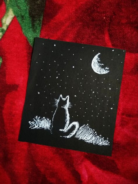 White Pencil Drawing, Black Paper Drawing, White Pencil, Paper Drawing, Moon And Stars, Cat Sitting, Black Paper, Cat Tree, Pencil Drawing