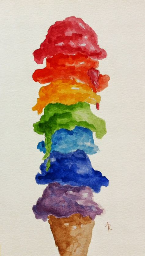 Watercolor Ice Cream Cone, Watercolour Painting Ideas Easy, Watercolor Art Ideas Easy, Rainbow Watercolor Painting, Rainbow Artwork, Ice Cream Painting, Art Drawing Ideas, Color Wheel Art, Rainbow Drawing