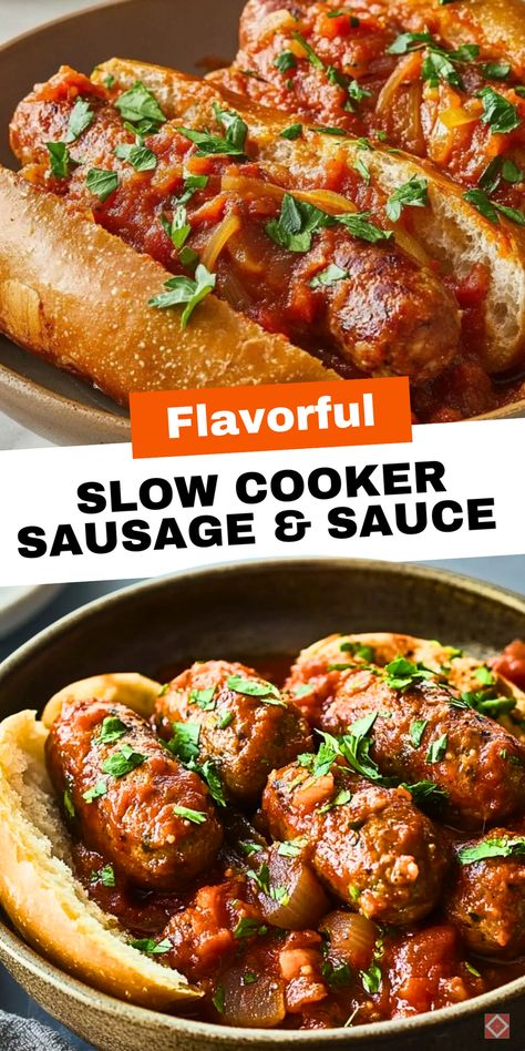 Skip the grill and make this Slow Cooker Sausage with Sauce for a hassle-free dinner! With savory sausage and rich, slow-cooked sauce, this meal delivers big flavor without the fuss. Save this pin to try a new favorite for weeknights or game day gatherings. Crockpot Hot Sausage, Sausages In Crockpot, Sausage Slow Cooker Recipes, Slow Cooker Sausage Recipes, Crockpot Italian Sausage, Crock Pot Sausage, Sausage Slow Cooker, Sausage Pasta Sauce, Crockpot Sausage