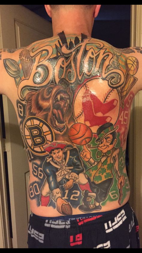 Boston Sports Tattoo Boston Sports Tattoo, Chicago Sports Tattoo, Sports Sleeve Tattoo, Boston Celtics Tattoo, Boston Celtics Tattoo Ideas, Patriots Tattoo, Boston Red Sox Tattoos, Red Sox Tattoo, Celtic Cross Tattoo