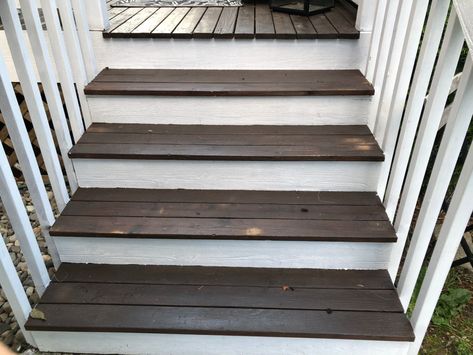 White And Brown Deck, Deck Stain And Paint Combo, Brown Stained Deck, Brown And White Deck, Deck Colors Ideas Paint Tan House, Deck Painting Ideas, Cedar Deck Stain, Chocolate Brown Paint, Deck Painting