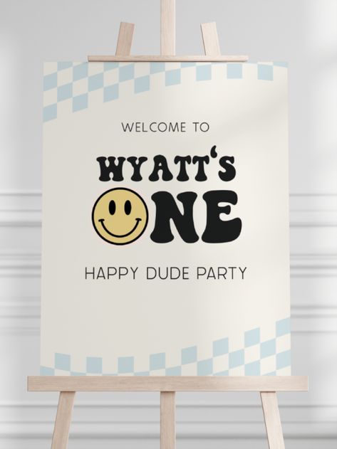 Editable ONE Happy Dude 1st Birthday Welcome Sign DIGITAL DOWNLOAD DEMO LINK- Try Before You Buy! Copy & Paste link into your browser ►https://www.corjl.com/d/2CA0C5 Simply edit using computer, laptop or phone, no software required! ►Find more One Happy Dude themed items here: https://www.etsy.com/shop/MerryPartyPrintables?search_query=one_happy_dude One Happy Dude Blue, 1st Birthday Welcome Sign, Luca Birthday, Dude Birthday, Birthday Party Blue, One Happy Dude, Retro Smiley Face, Ideas Cumpleaños, Boy Birthday Party Themes