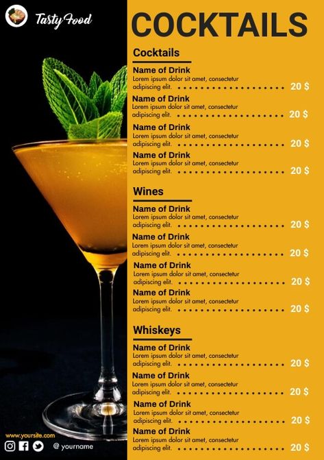 76,530+ cocktail menu flyer Customizable Design Templates | PosterMyWall Drinks Menu Restaurant, Restaurant Drink Menu Ideas, Cocktail List Menu Design, Drink Menu Design Bar, Cocktails Menu Design, Cocktail List Menu, Cocktail Menu Design Ideas, Menu Bar Design, Wine Menu Design