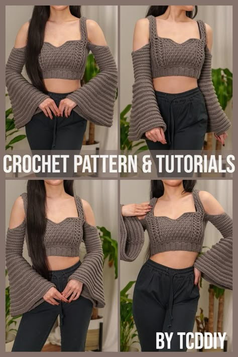 Make a statement with this elegant and stylish crochet garment pattern. This is sure to turn heads with its beautiful texture and fitted design. Crochet experts or beginners alike will appreciate the detailed step-by-step instructions and tutorial to find success in their creation. With this free tutorial, you can create this to wear for any occasion. Click for the pattern and start creating your masterpiece today! #crochet #crochetpattern #crochettutorial Crochet Bell Sleeve, Cold Shoulder Crop Top, Bell Sleeve Crop Top, Crop Top Pattern, Crochet Tops Free Patterns, Trendy Crochet, Cable Stitch, Crochet Clothes Patterns, Stylish Top