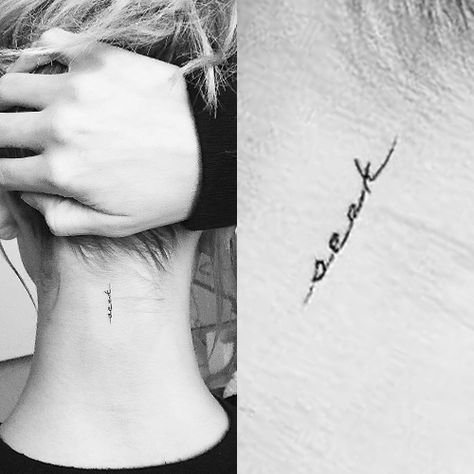 Hailey Baldwin Writing Neck Tattoo | Steal Her Style Hailey Baldwin Tattoo, Tattoo Back Of Neck, Simple Neck Tattoos, Tattoo Son, Girl Neck Tattoos, Tattoo Neck, Tattoo Spots, Tattoo Back, Back Of Neck Tattoo